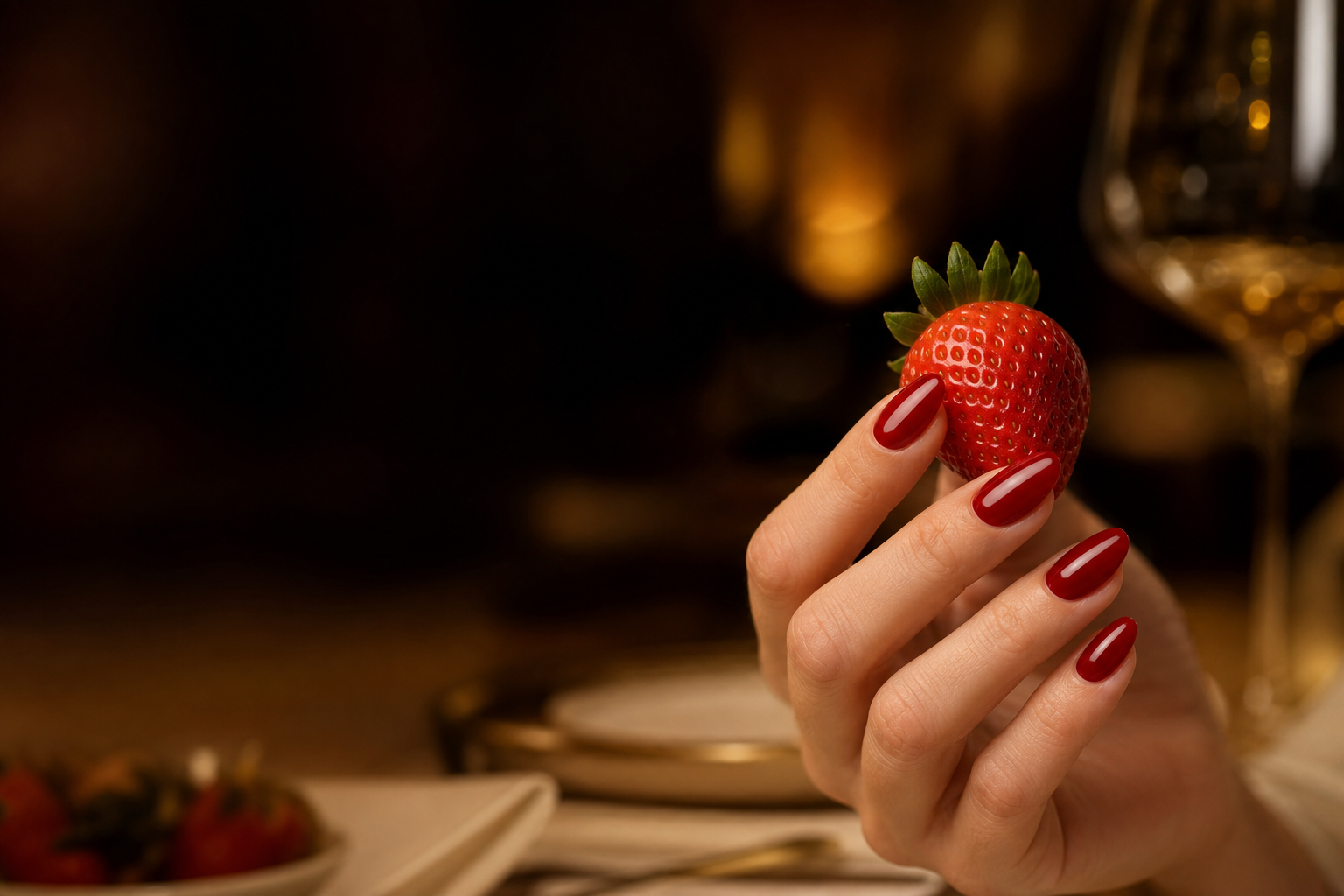 Original concept image of cherry-red nails holding a strawberry