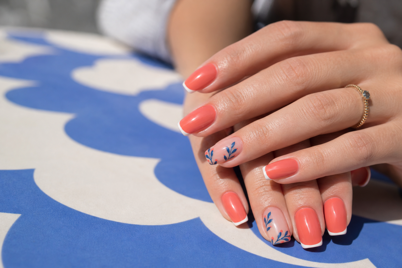 Original coral and blue acrylic nail concept